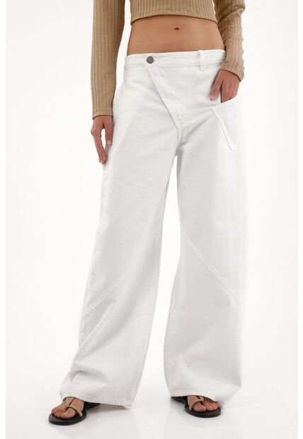 Tennis Jean Wide Leg Con Bolsillos Asimétricos Blanco Para Mujer