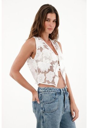 Chaleco Blanco En Malla Con Detalle De Flores Para Mujer