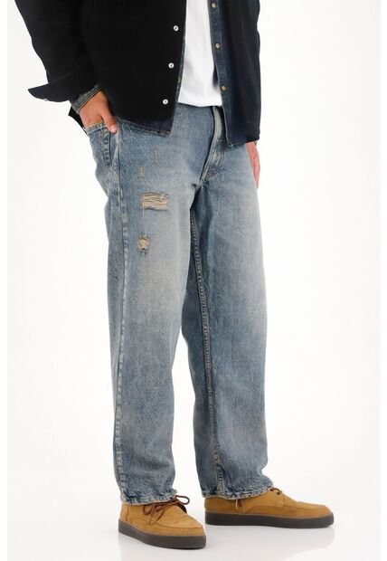 Tennis Jean Loose Con Desgastes Y Rotos Azul Para Hombre