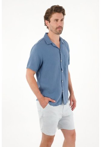 Tennis Camisa Manga Corta En 100% Lino Azul Para Hombre Tennis