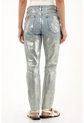 Tennis Jean Mom Tiro Alto Efecto Foil Dorado Para Mujer