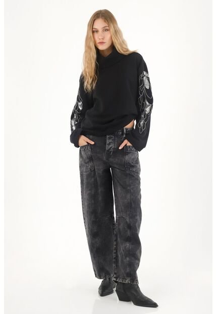 Tennis Buzo Con Bordado De Lentejuelas En Mangas Negro Para Mujer