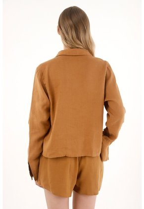 Tennis Camisa En 100% Lino Con Tiras Que Anudan En Frente Café Para Mujer