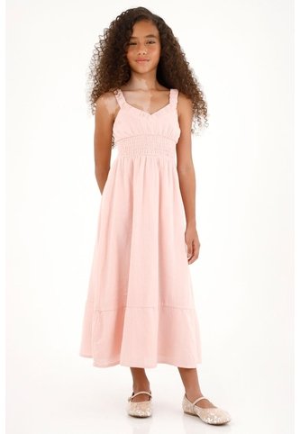 Vestido Rosado Largo Con Elástico En La Cintura Para Niña Tennis