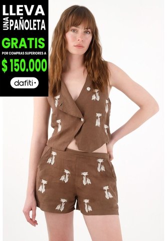 Tennis Chaleco En 100% Lino Con Bordado Café Para Mujer Tennis