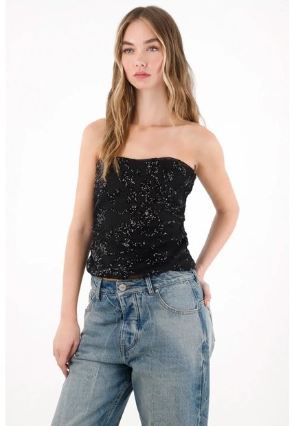 Tennis Camisa Strapless De Lentejuelas Negra Para Mujer