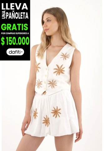 Tennis Chaleco En 100% Lino Con Bordado De Palmeras Para Mujer Tennis