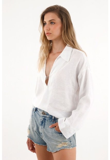 Tennis Camisa Blanca Manga Larga Con Escote 100% Lino Para Mujer