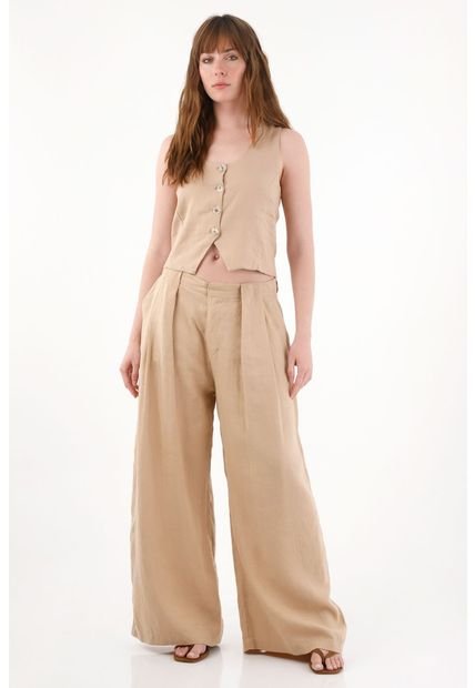 Pantalón Wide Leg En 100% Lino Con Tablas Crudo Para Mujer
