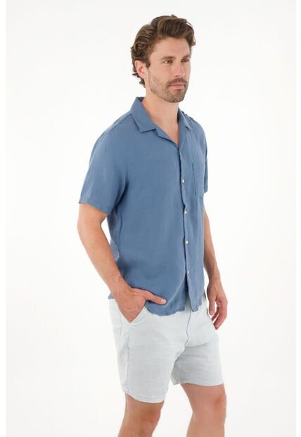 Tennis Camisa Manga Corta En 100% Lino Azul Para Hombre
