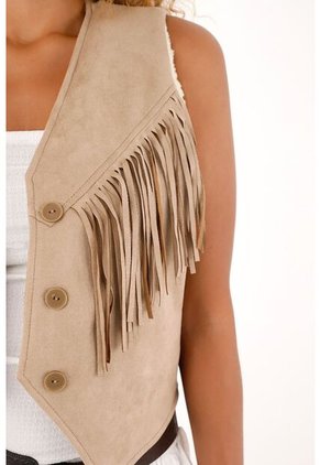 Chaleco En Suede Con Flecos Y Ovejero Para Mujer