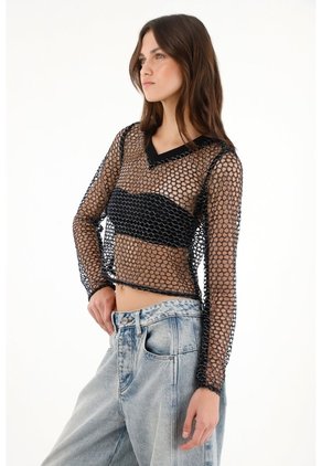 Tennis Camiseta Crop En Malla Negra Para Mujer