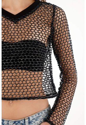 Tennis Camiseta Crop En Malla Negra Para Mujer