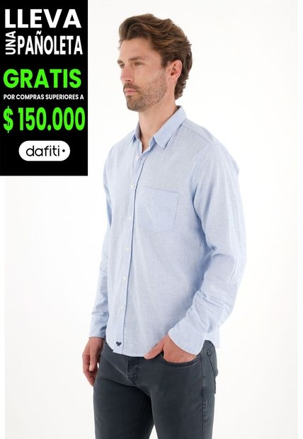 Tennis Camisa Manga Larga Preteñida Azul Con Textura Lisa Para Hombre