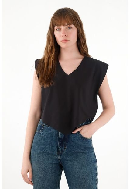Camisa Manga Sisa Escote En V Negra Para Mujer