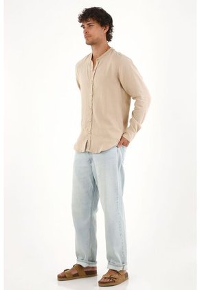 Tennis Camisa En 100% Lino Café Con Diseño Limpio Para Hombre Con Acabado único