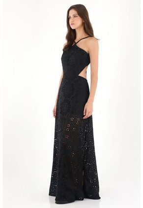 Tennis Vestido Largo De Cuello Halter En Tela Ojalillo Negro Para Mujer