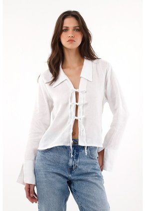Tennis Camisa En 100% Lino Con Tiras Que Anudan En Frente Blanca Para Mujer