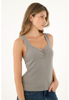 Camiseta Gris Con Recogido En Escote Para Mujer