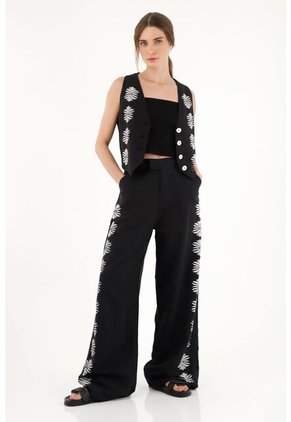 Tennis Pantalón Recto Con Manualidad Negro Para Mujer