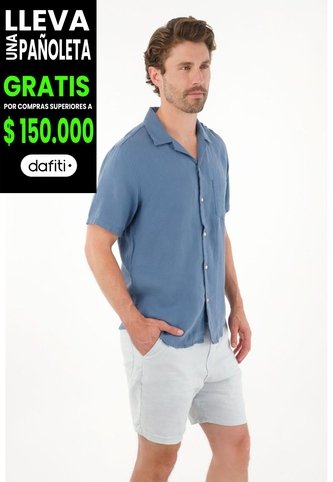 Tennis Camisa Manga Corta En 100% Lino Azul Para Hombre Tennis