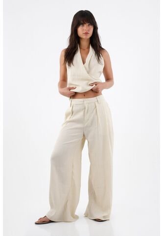 Tennis Pantalón Para Mujer De Poliéster Beige Wide Leg Con Textura Arrugada Tennis