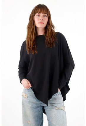 Tennis Camiseta Manga Larga Negra Con Acabado Suave Para Mujer