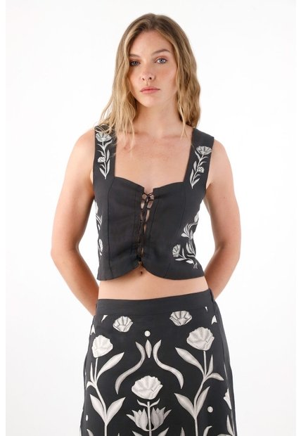 Tennis Camisa Tipo Corsé En Lino 100% Negra Para Mujer