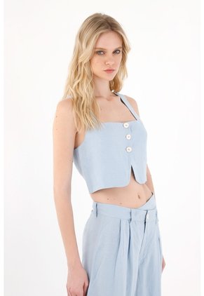 Tennis Chaleco En 100% Lino Crop Azul Para Mujer