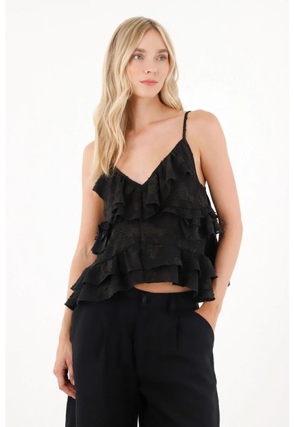 Tennis Camisa En Tela Bordada Con Boleros Negra Con Acabado Suave Para Mujer