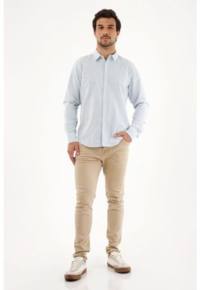 Camisa Azul A Rayas Manga Larga Para Hombre