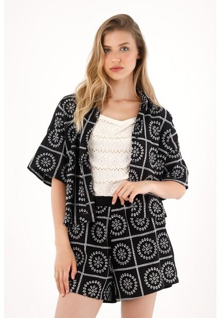 Tennis Camisa En Tela Bordada Negra Para Mujer