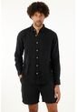 Camisa Negra Manga Larga En Lino 100% Para Hombre de Tennis