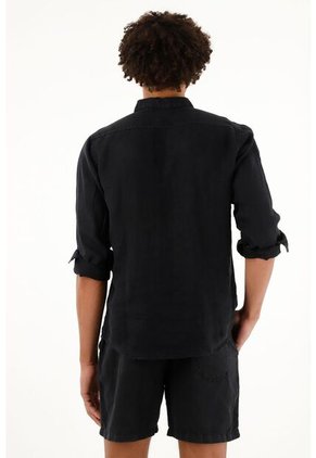 Camisa Negra Manga Larga En Lino 100% Para Hombre