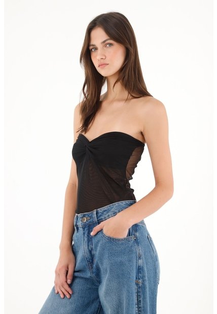 Tennis Camiseta Strapless En Malla Negra Para Mujer