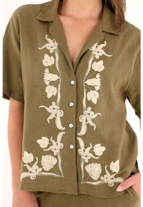 Camisa Tipo Bowling Con Detalles Imitación Bordado Para Mujer