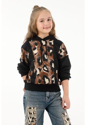 Buzo Hoodie Negro Con Estampado Animal Print Para Niña