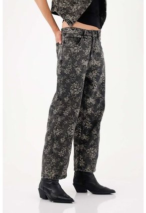 Tennis Jeans Wide Leg Con Estampado Floral En Algodón Negro Para Mujer