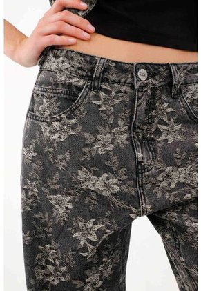Tennis Jeans Wide Leg Con Estampado Floral En Algodón Negro Para Mujer