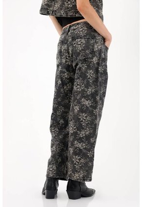 Tennis Jeans Wide Leg Con Estampado Floral En Algodón Negro Para Mujer