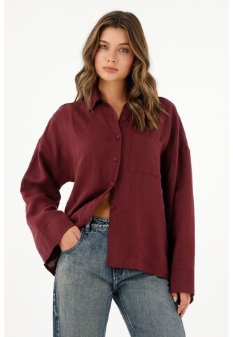 Camisa En 100% Lino Manga Larga Roja Para Mujer Tennis