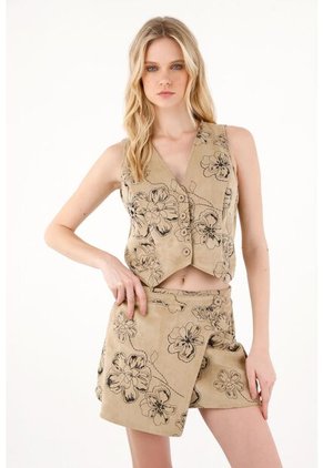 Tennis Chaleco Tipo Suede Floral Café Para Mujer