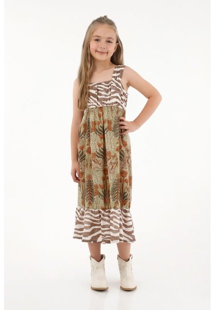 Vestido Largo Con Mix De Estampados Para Niña