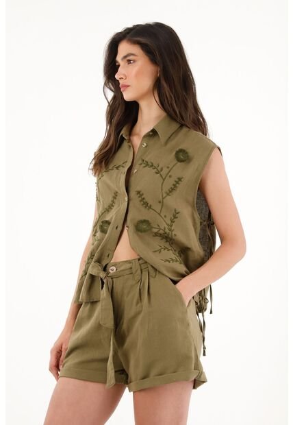 Bermuda Verde En 100% Lino Para Mujer