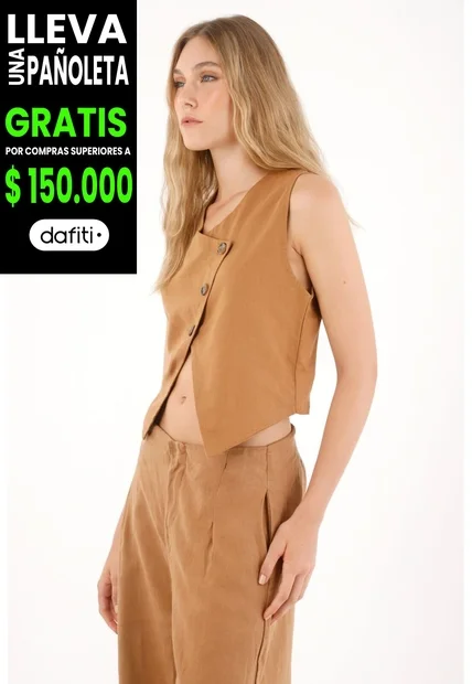 Tennis Chaleco En 100% Lino De Diseño Cruzado Café Para Mujer