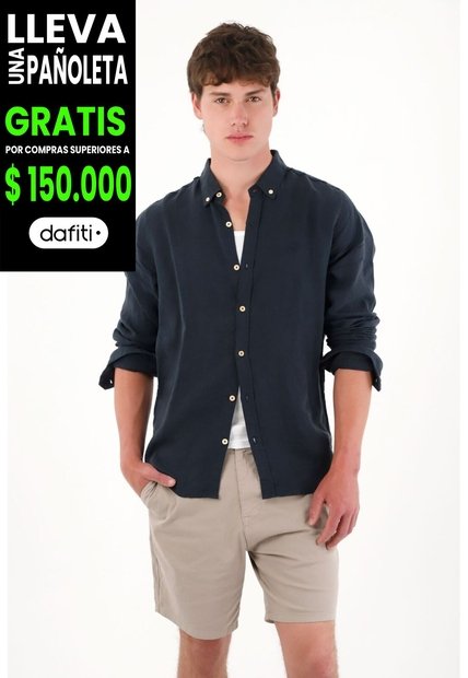 Tennis Camisa En 100% Lino Manga Larga Azul Con Acabado Suave Para Hombre