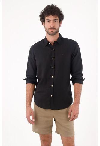 Tennis Camisa Para Hombre Lino Negro Corte Regular Con Botones Claros Tennis