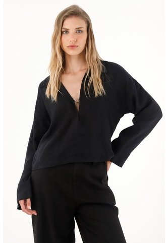 Tennis Camisa Negra Manga Larga 100% Lino Para Mujer Tennis