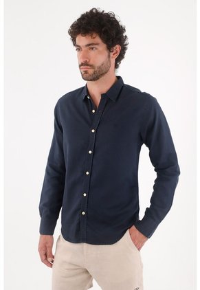 Tennis Camisa Para Hombre De Lino Marino Relajada Con Botones Claros