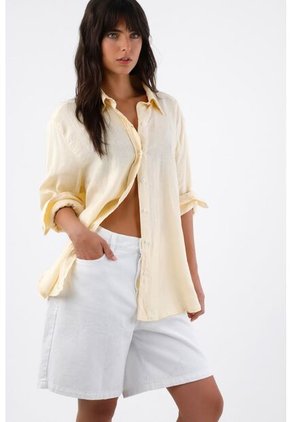 Tennis Camisa Para Mujer En Lino Amarillo Oversize Manga Larga